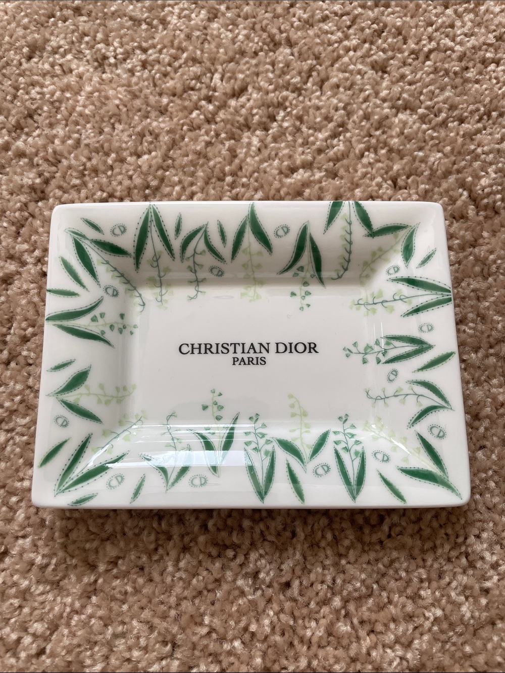 Authentic Dior White Porcelain Tray with Green Leaf Motif